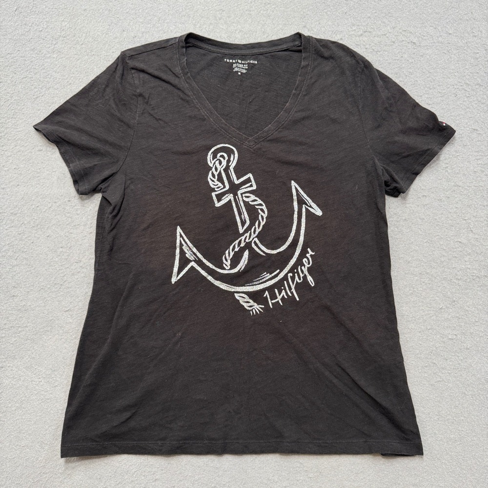 Y2K Tommy Hilfiger T-Shirt Womens Medium Black Anchor Graphic V-Neck Relaxed Fit